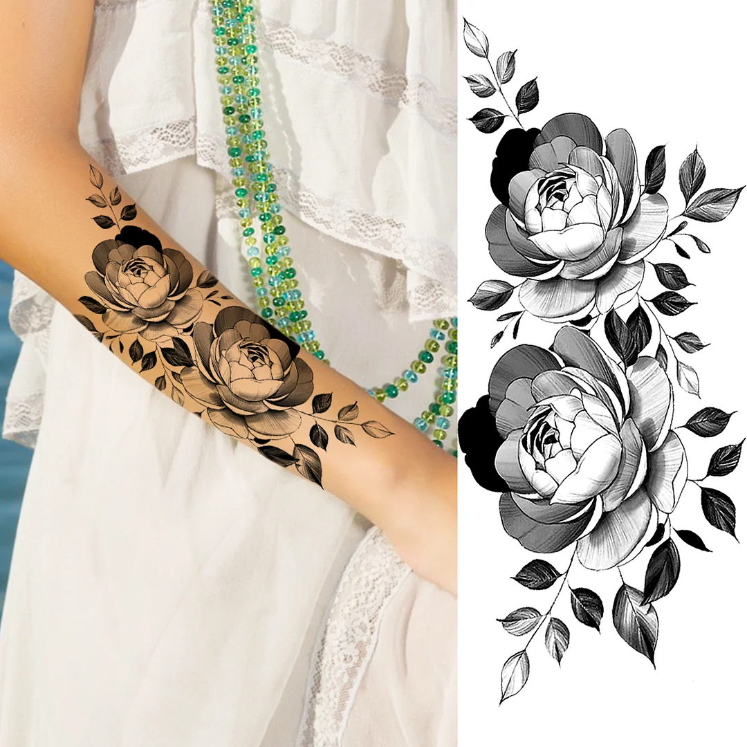 Sdrawing Peony Flower Moon Temporary Tattoos For Women Adult Rose Daisy Crown Fake Tattoo Fashion Washable Half Sleeve Tatoos