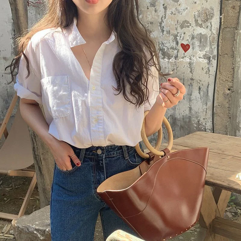 Uveng Uveng Version Of White Short-Sleeved Shirt Women's Summer New Design Sense Of Niche Shirt Loose Lazy Leisure Thin