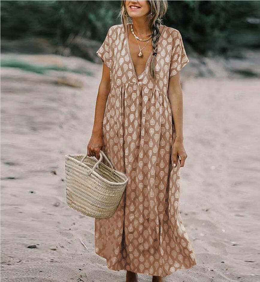 Mature Women Summer Fashion Printed V-neck Large Swing Loose Waist Dress