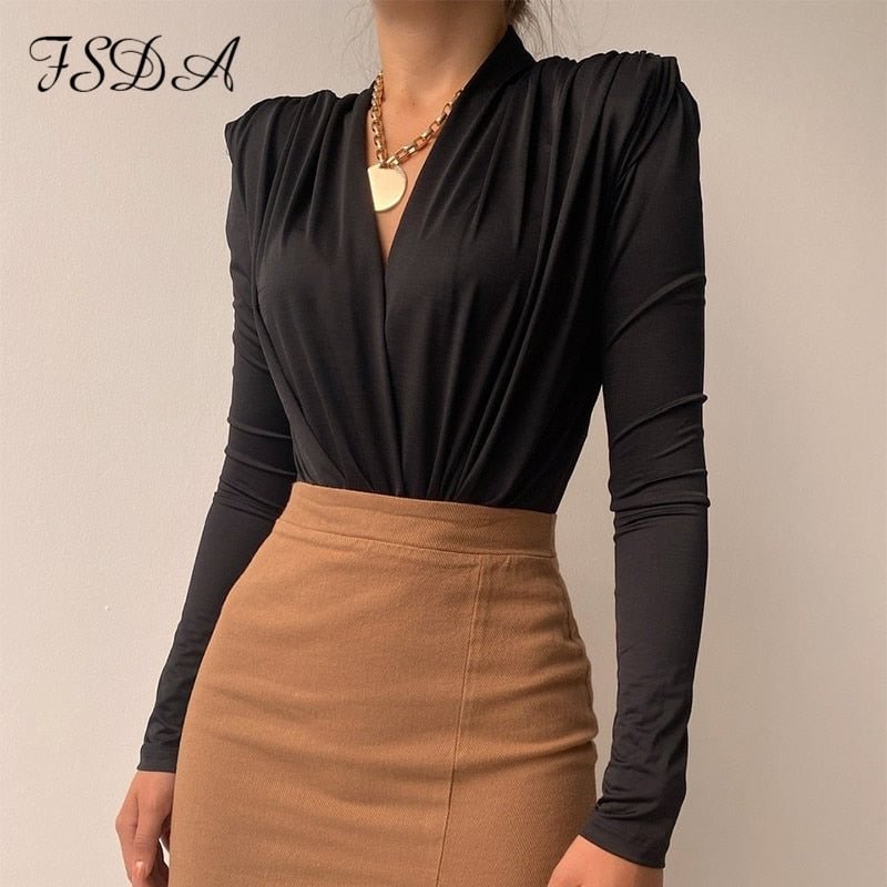 FSDA V Neck Long Sleeve T Shirt Women Brown Elegant Autumn Winter Sexy Top Shirts Casual Black 2021 Party With Shoulder Pads