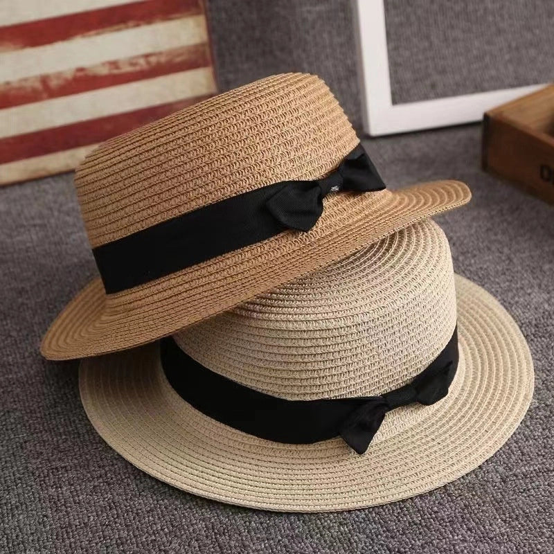 Straw Hat Summer Travel Bow Big Flat Top Hat Sunshade Sun Protection Retro Small Top Hat Beach Hat