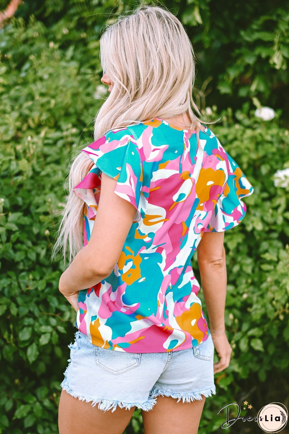 Abstract Print Notched Neck Flutter Sleeve Blouse