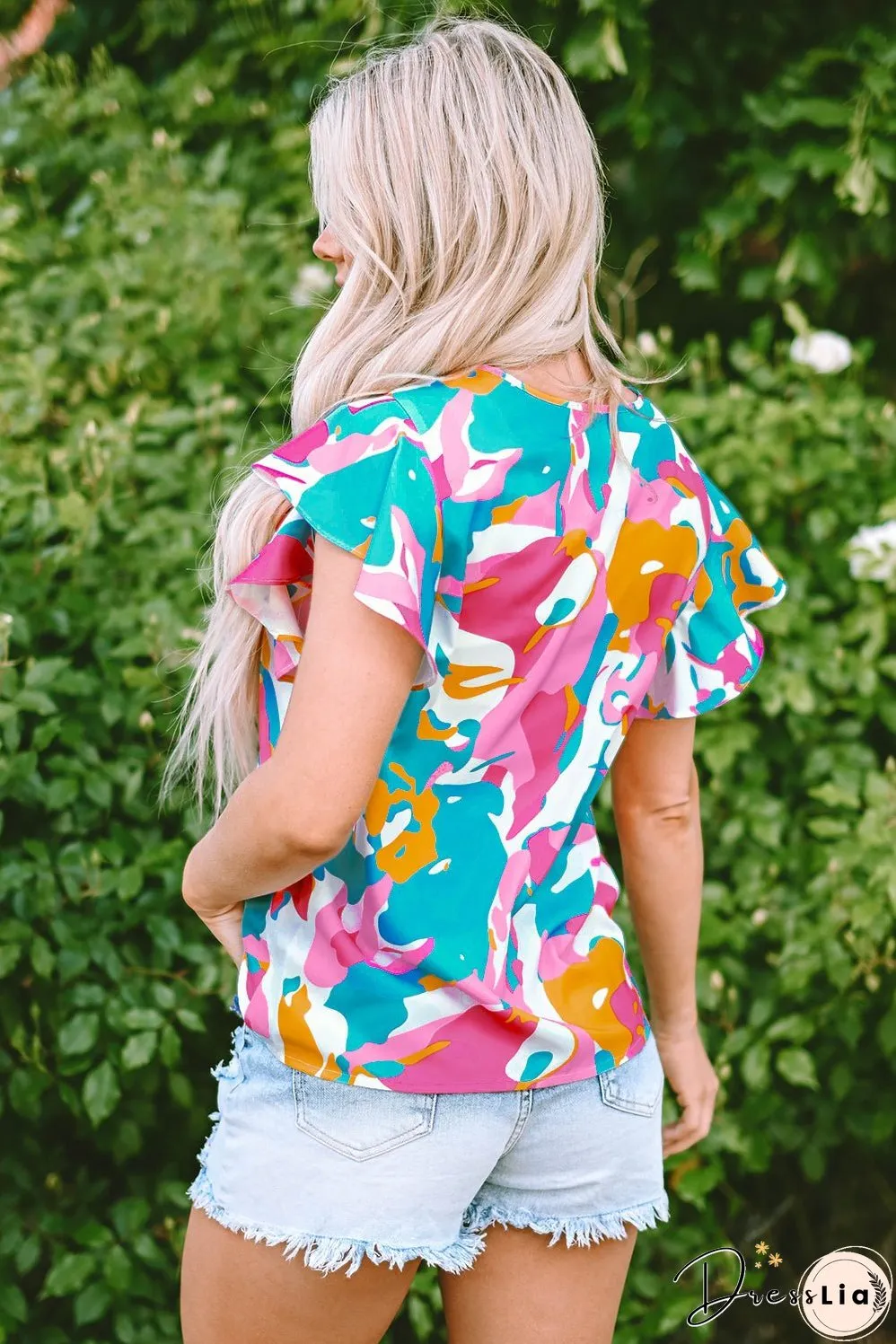 Abstract Print Notched Neck Flutter Sleeve Blouse