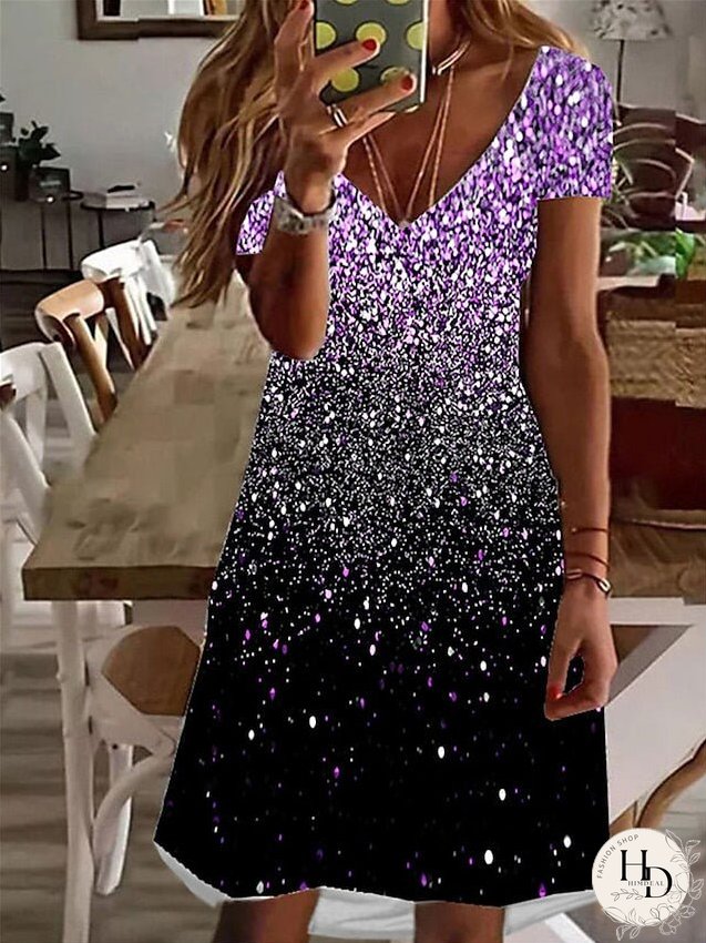 Casual Dress T Shirt Dress Tee Dress Print Dress Mini Dress Pink Blue Purple Short Sleeve Color Gradient Print Summer Spring V Neck Fashion Summer Dress Loose Fit S M L XL XXL 3XL for Women