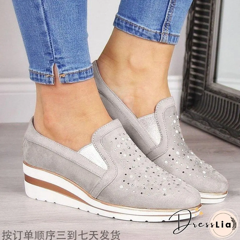 Women Casual Thick Sole Single Shoes Rhinestones Sandals Breathable Wedge Shoes