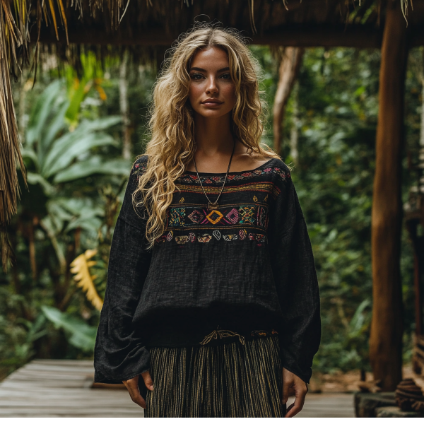 Simpfit Lockere Nachahmung aus Baumwolle und Leinen Bluse im Retro-Boho-Stil mit Tribal-Art-Drucken