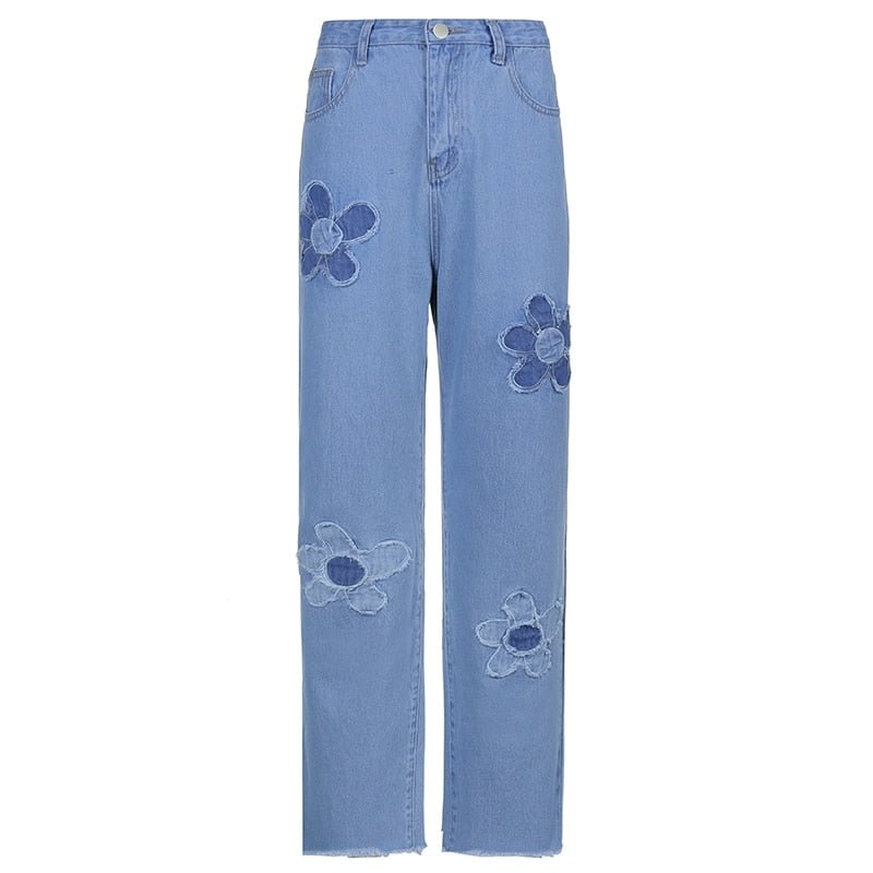 Floral Patchwork Hot Denim Jeans Women Streetwear Joggers High Waist Cargo Pants Casual Vintage Trousers Retro Cuteandpsycho