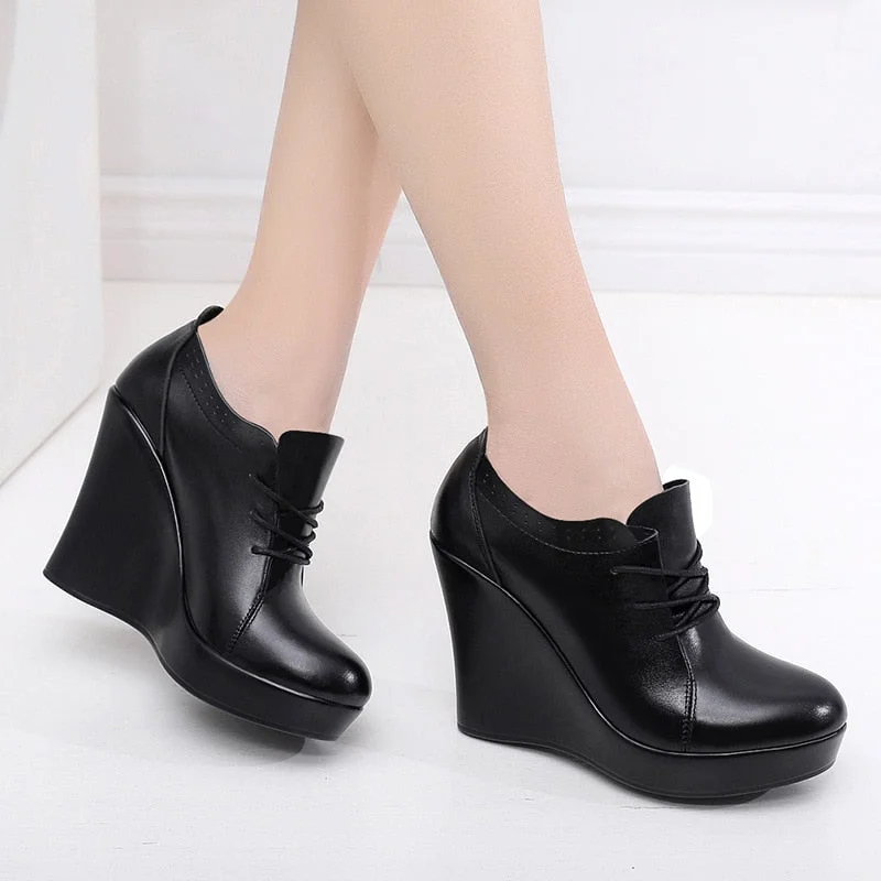 GKTINOO Lace Up Wedges Shoes for Women 2021 Autumn Platform Pumps Woman High Heels Black Office Shoes Ladies Plus Size 33-41