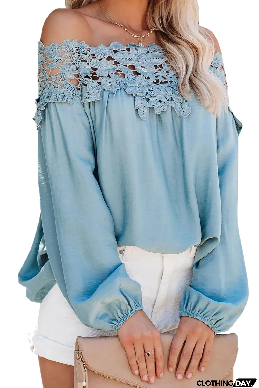 Sky Blue Blooming Lace Off The Shoulder Top