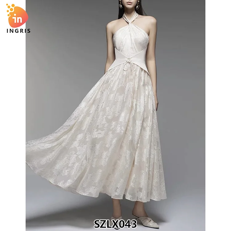 2025 New Sleeveless Holiday Slim Elegant Evening Dress Fashion Luxury Vietnam Floral Embroidery Long Halter Women Dress-SZLX043