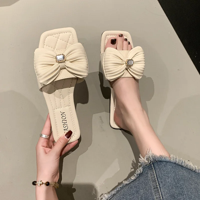 Yyvonne Flat-Bottomed Slippers Women 2025 Summer New Bows One-Word Fashion Drag Wear Women Drag Tide