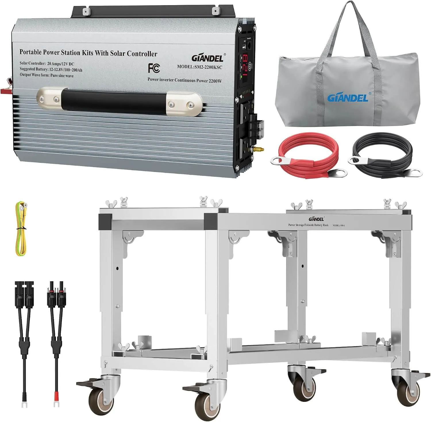 All-in-One DIY Portable Power Station  Includes 2200 Watt Solar Inverter with 20A PWM Solar Charge Controller,Battery Storage Rack
