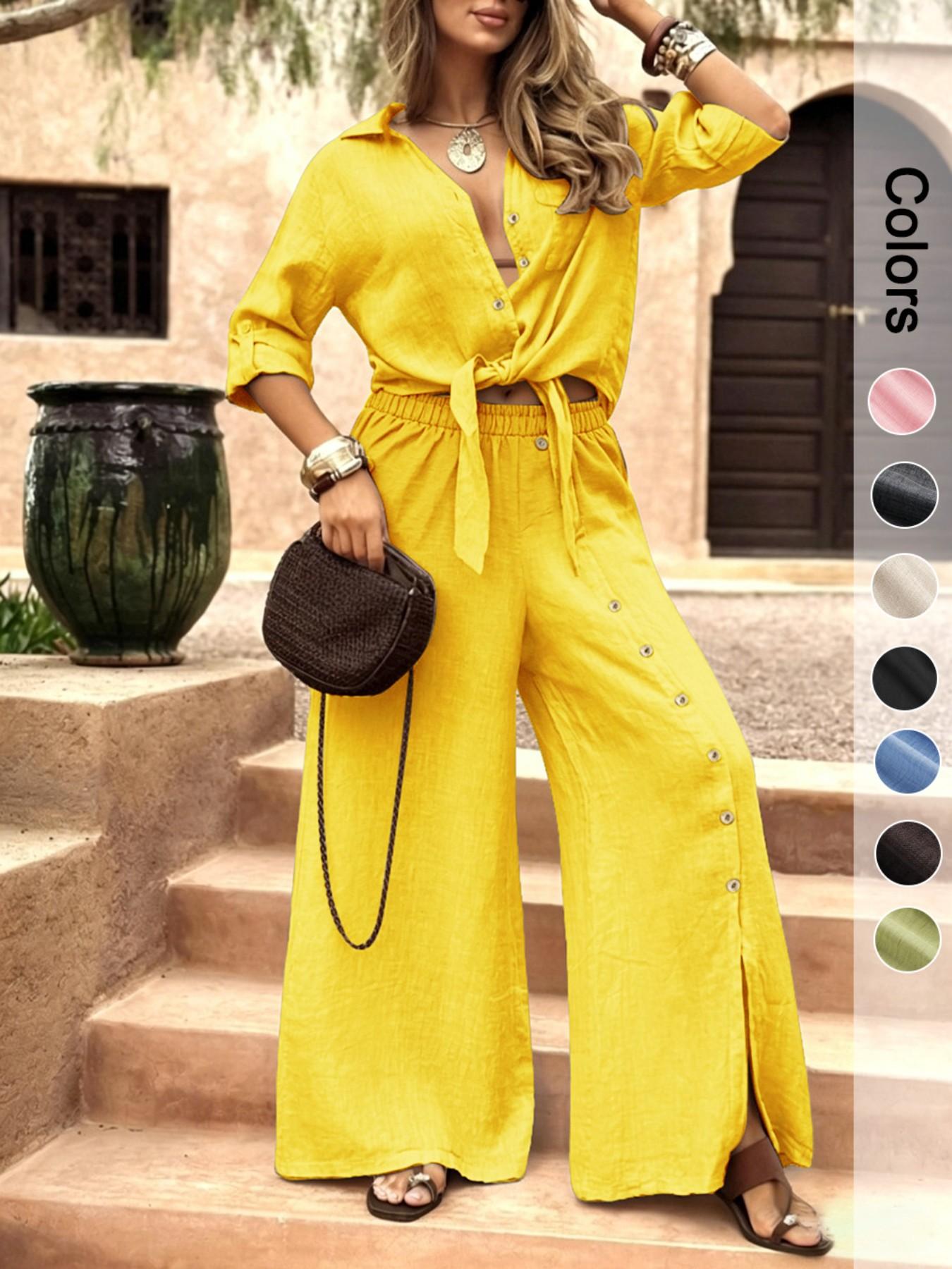 Women's Two-Piece Vacation Style Shirt and Pants Set, Tie-Down Hem Shirt with Fake Button Decoration, Wide Leg Pants Set, Loose
