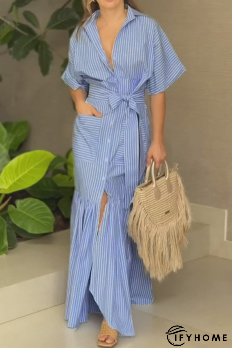 Casual Daily Striped Print Pocket Lace Up Shirt Short Sleeve Dress | IFYHOME