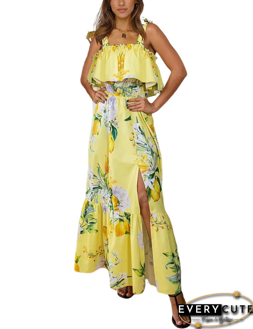Yellow Floral Print Ruffled Split Maxi Dress