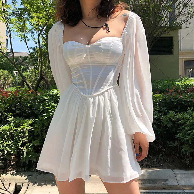 Sexy Mesh Solid White Puff Sleeve Mini Dress Female Spring Slim Square Collar Long Sleeve A-line Dress Women Elegant Party Dress