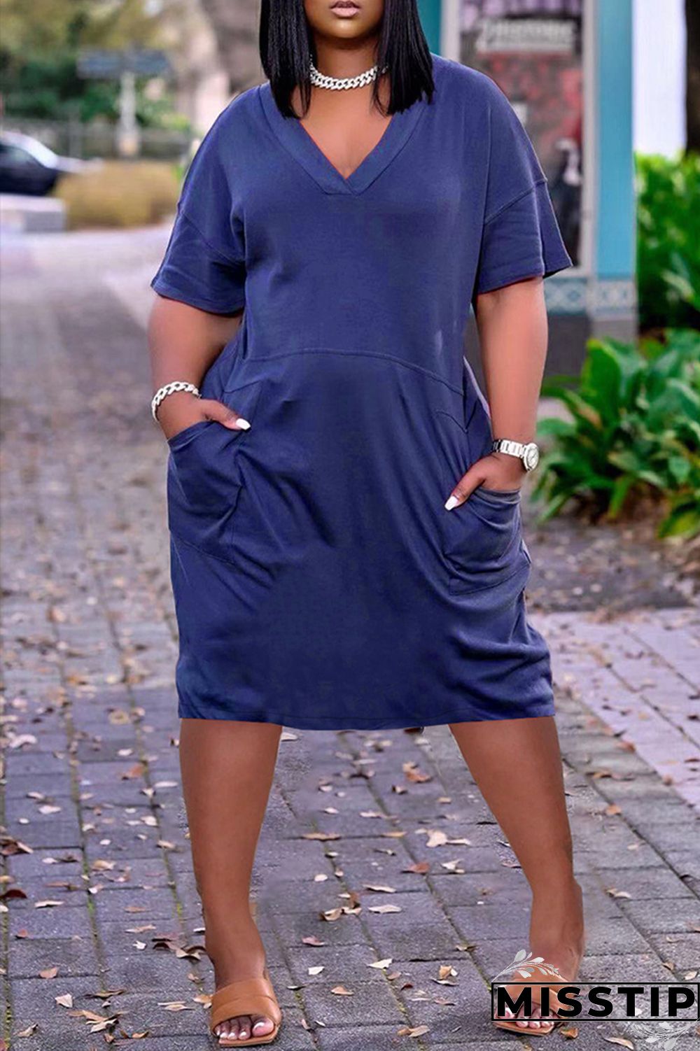 Dark Blue Fashion Casual Solid Basic V Neck Short Sleeve Dress