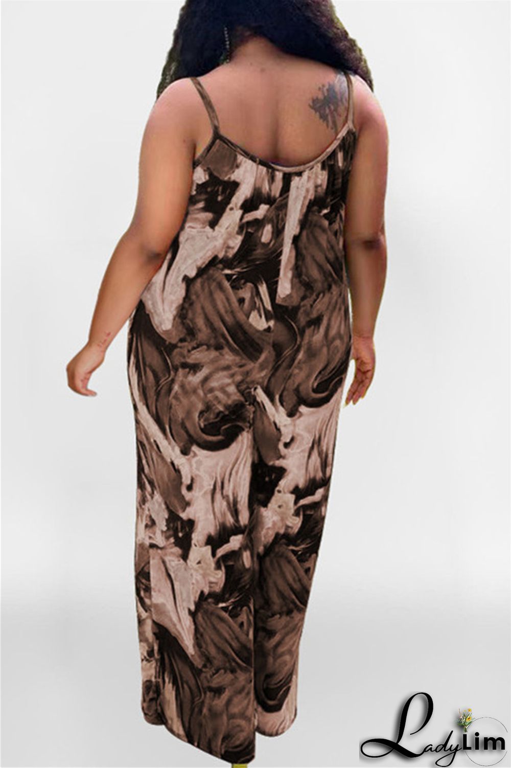 Coffee Sexy Casual Print Backless Spaghetti Strap Plus Size Jumpsuits