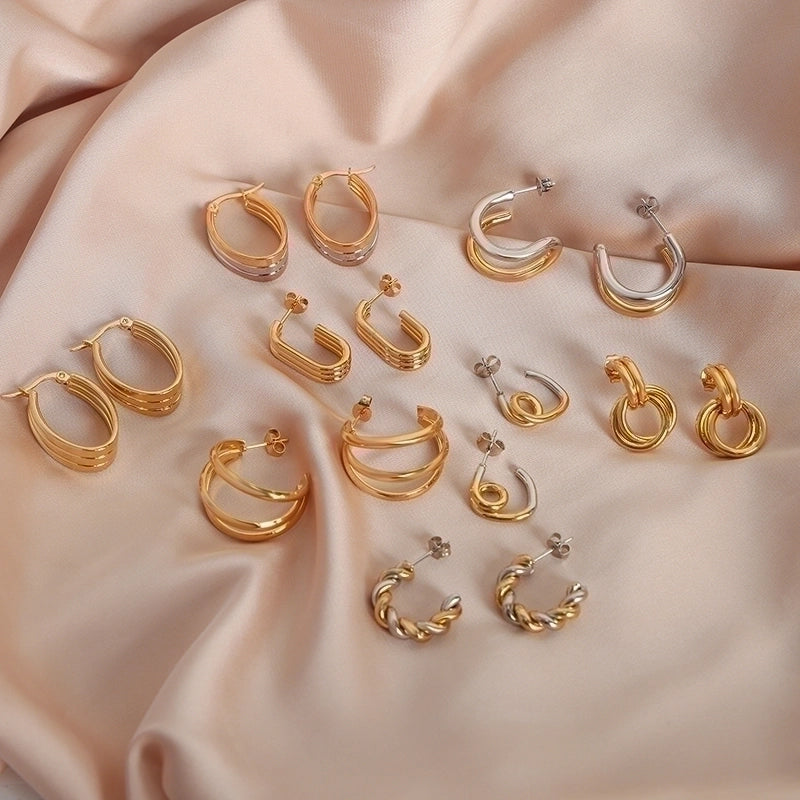 3 Pieces Minimalist Geometric Plating Titanium Steel 18K Gold Plated Ear Studs