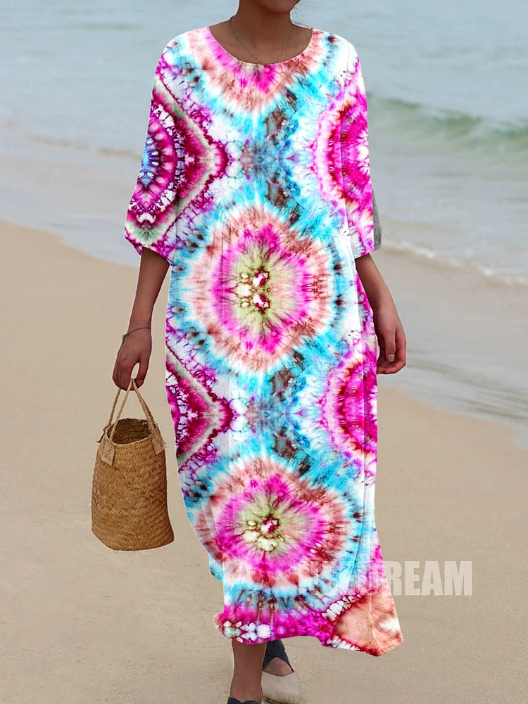Womens Watercolor Elegant Floral Pattern Pocket Resort Style Cotton Dress