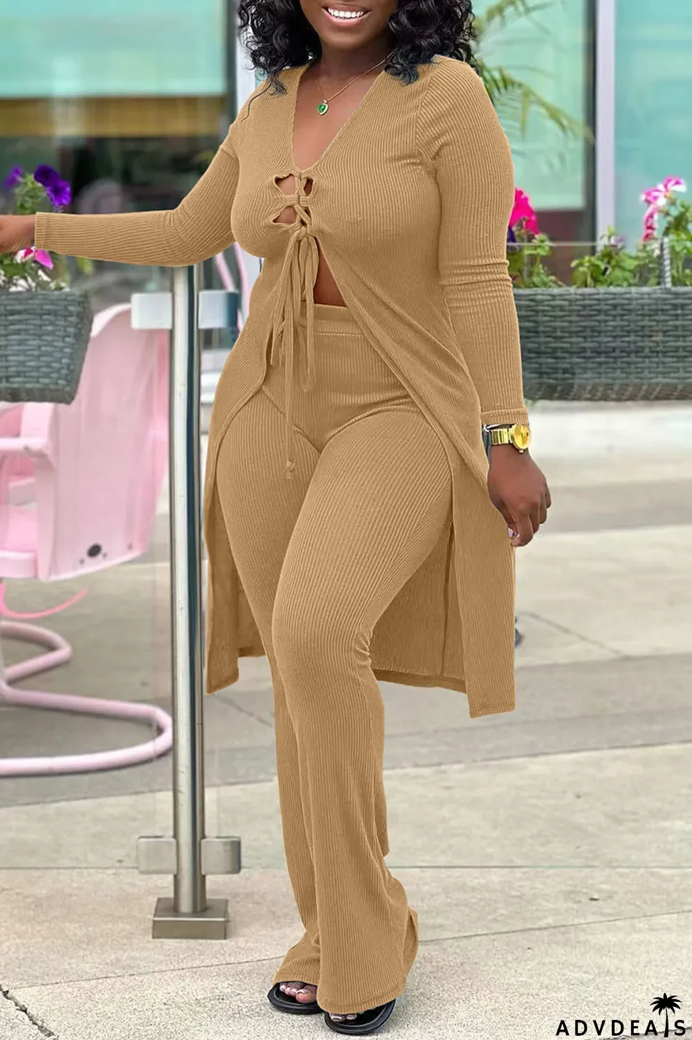 Black Sexy Solid Bandage Patchwork V Neck Long Sleeve Two Pieces