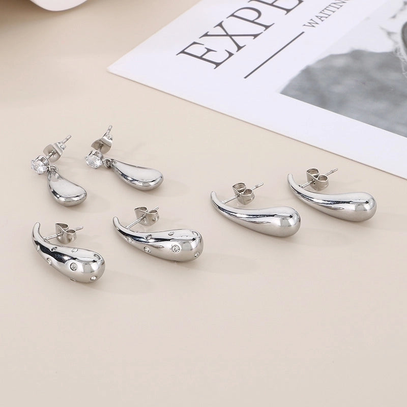1 Pair Minimalist Water Droplets Solid Color Inlay 304 Stainless Steel Rhinestones 18K Gold Plated Ear Studs
