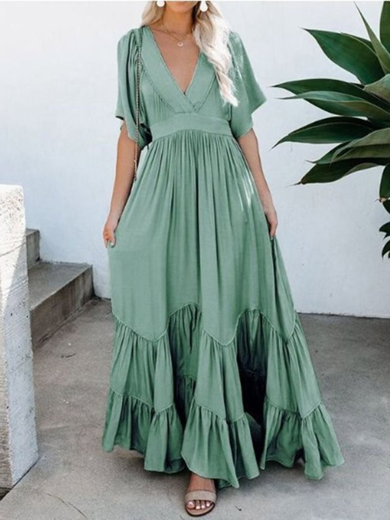 Bohemian Solid Color Tiered Maxi Dress