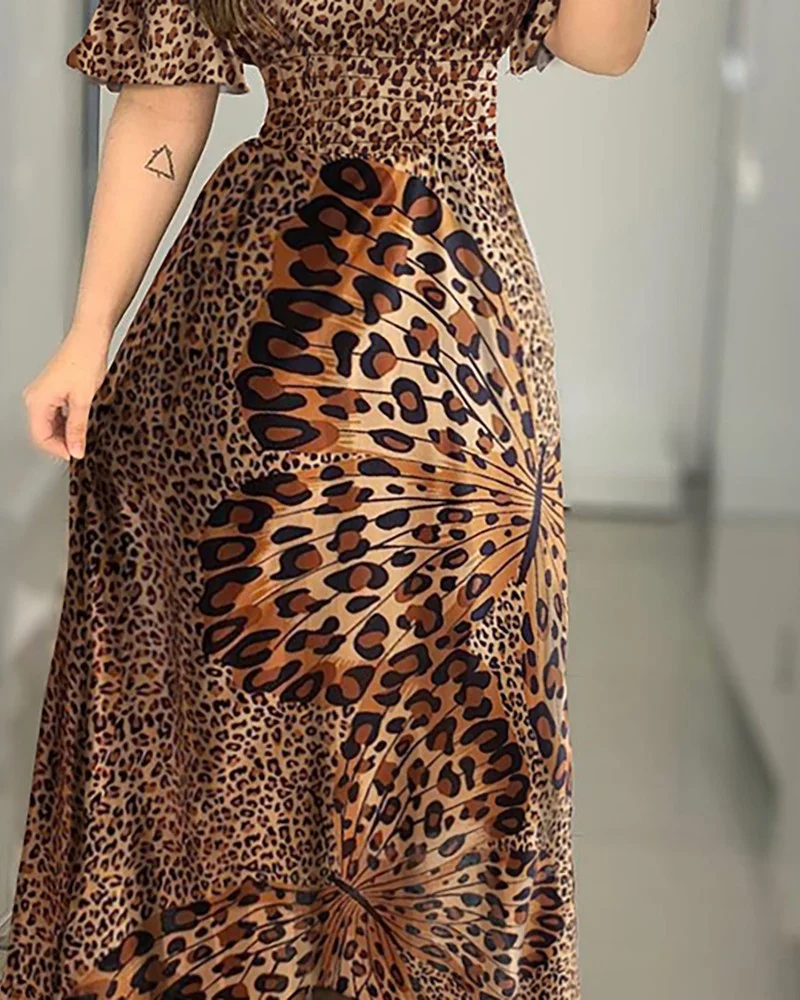 Butterfly Print Dress Leopard Print Off Shoulder Girdle Waist Big Swing Evening Dress Lotus Leaf Sleeve Long Skirt | EGEMISS