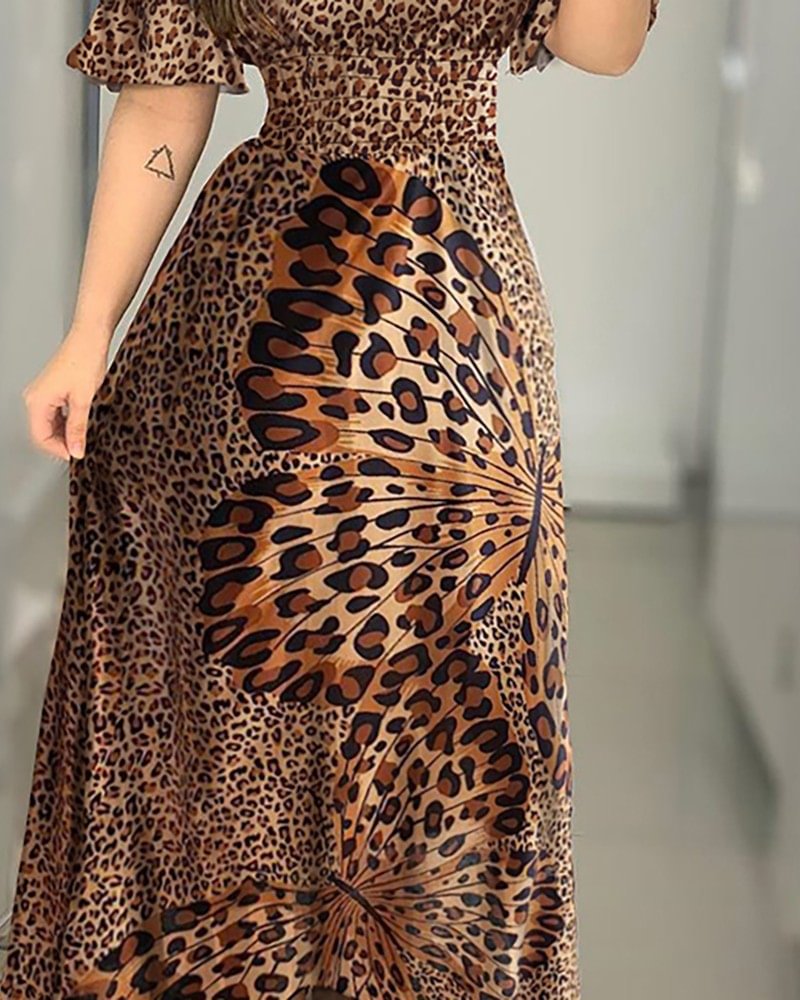Butterfly Print Dress Leopard Print Off Shoulder Girdle Waist Big Swing Evening Dress Lotus Leaf Sleeve Long Skirt | EGEMISS