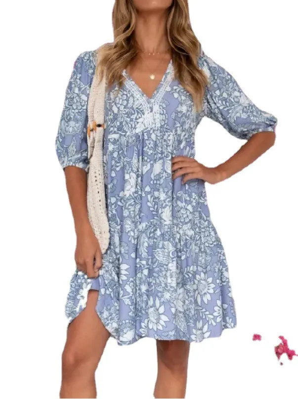 Vintage V-Neck Short Sleeve Mini Dress-vocosishoes