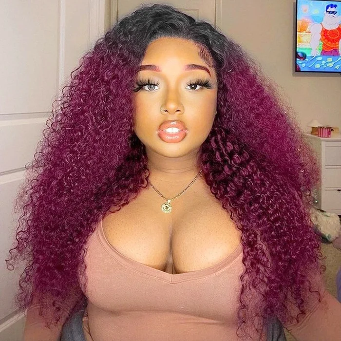 Lady Hanne Burgundy Brazilian Pre-Plucked 4*4 HD Lace Front Jerry Curly Wigs 