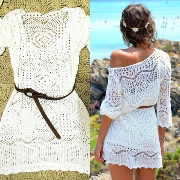 Womens White Summer Boho Sexy Lace Hollow Knit Bikini Swimwear Cover up Crochet Beach Mini Dress Tops Blouse