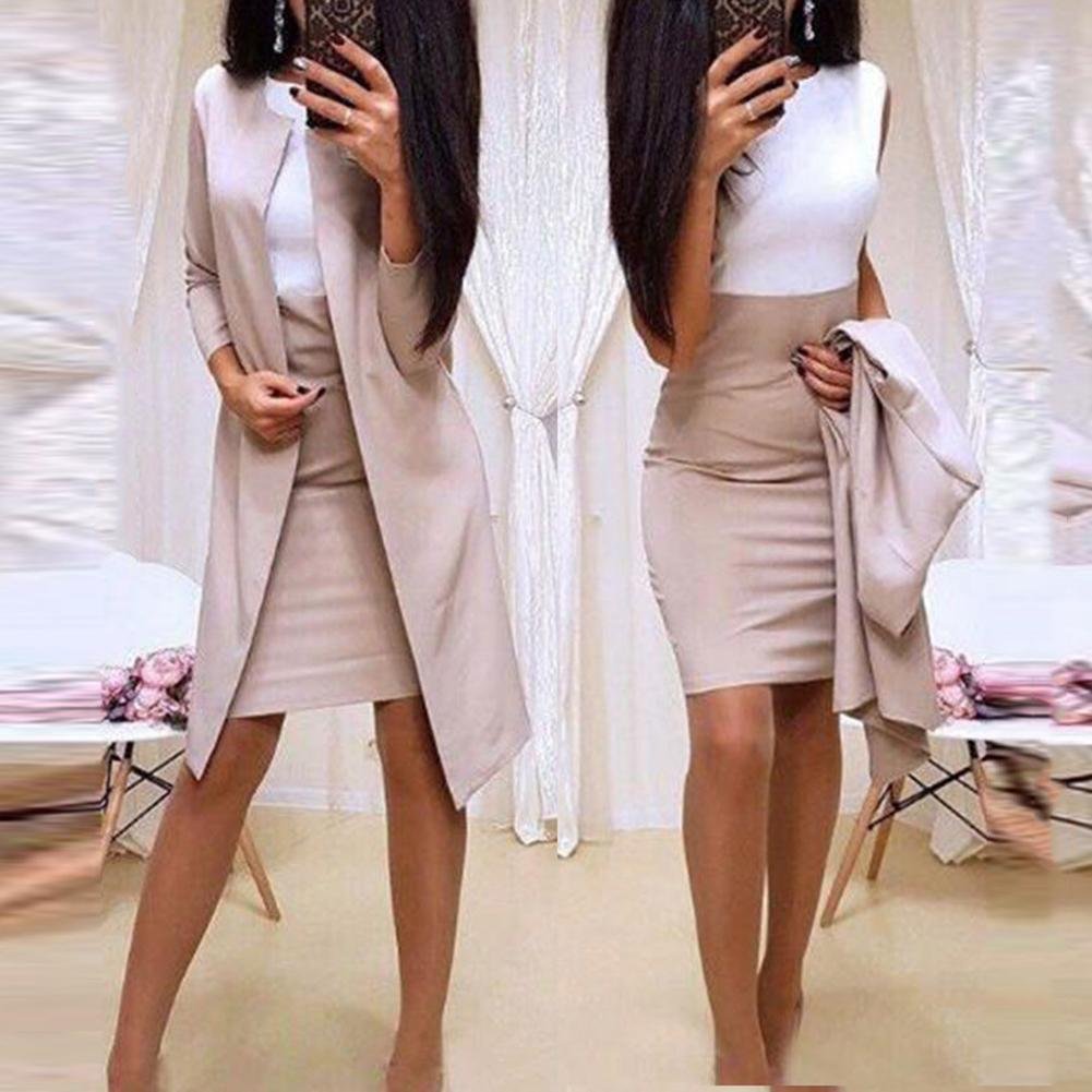 2Pcs Office Lady Autumn Solid Color Long Blazer Jacket Bodycon Mini Skirt Suit Perfect for office business formal perfect gifts