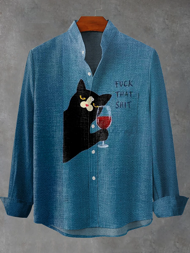 Men's Red Wine Cat Cheers Fuck That Shit Print Long Sleeve Shirt