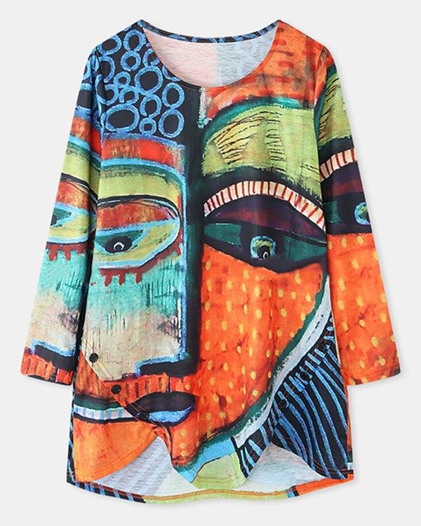 Casual Round Neck Loose Fit Graffiti Blouses