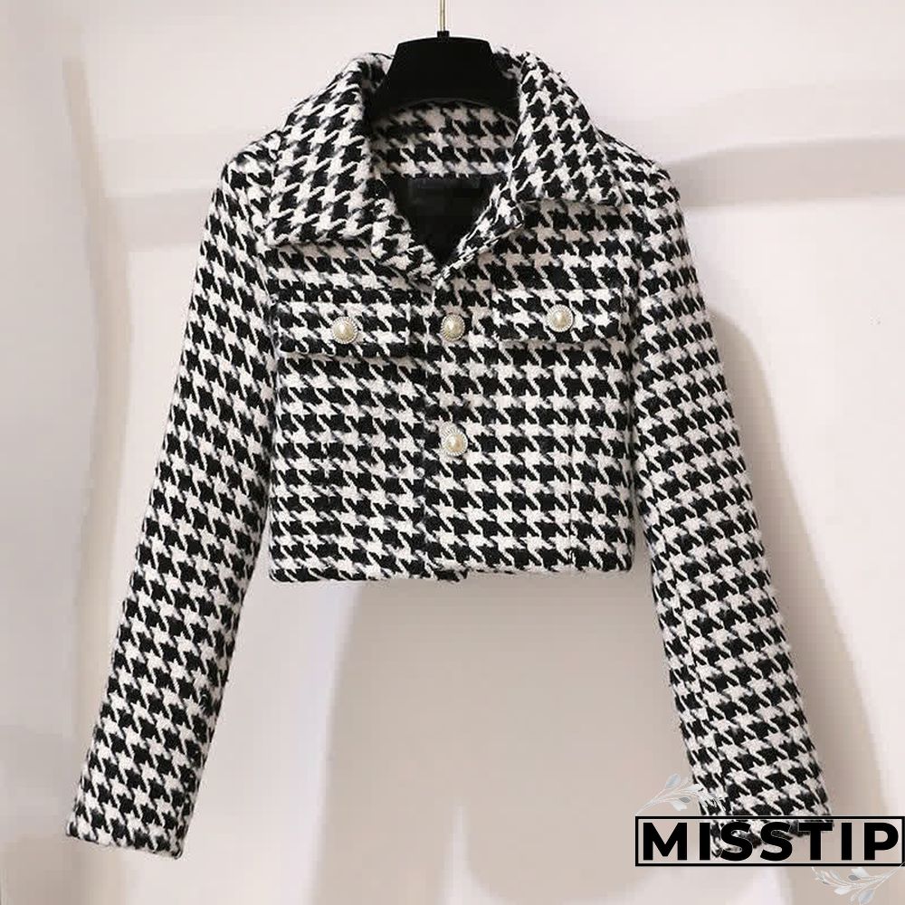 Chic Houndstooth Print Crop Blazer Jacket Pleated Skirt