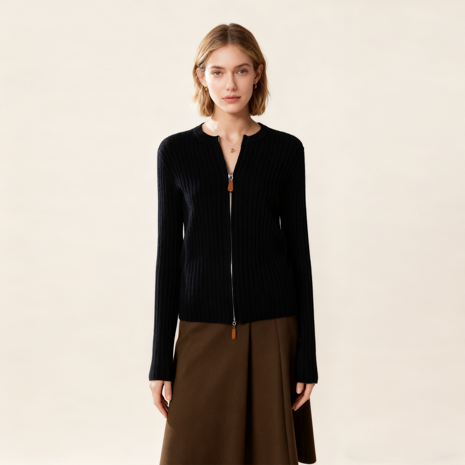 Cashmere Shirt Women's Zipper Knitted Crew Neck Slim Fit REAL SILK LIFE