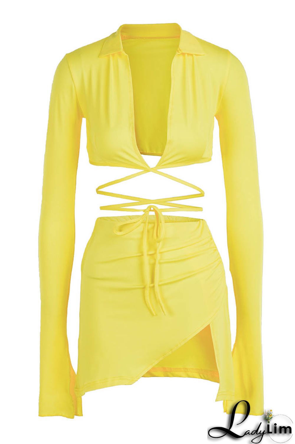Yellow Fashion Sexy Solid Bandage Slit V Neck Long Sleeve Two Pieces