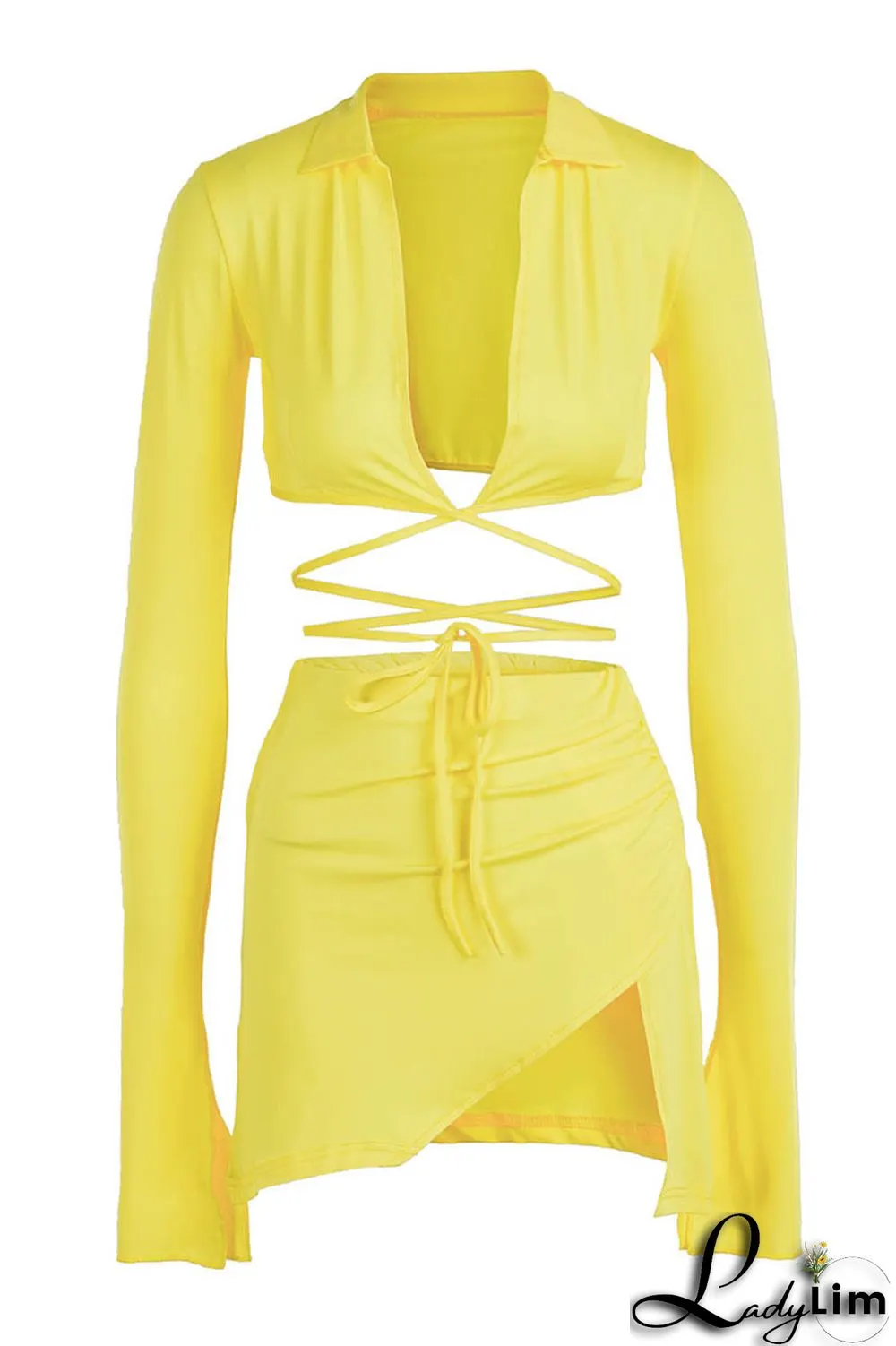 Yellow Fashion Sexy Solid Bandage Slit V Neck Long Sleeve Two Pieces