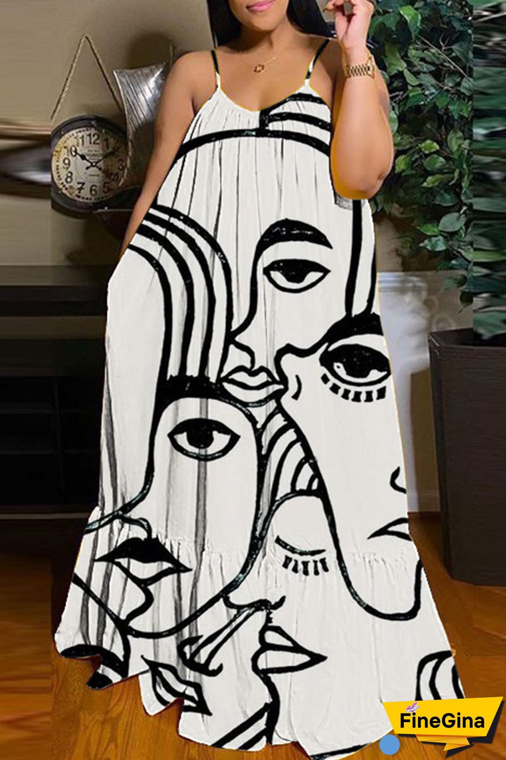 Black Brown Casual Street Print Patchwork Spaghetti Strap Sling Dress Dresses