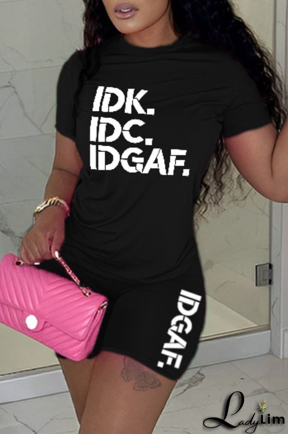 Black Casual Letter Print Basic O Neck Short Sleeve Two Pieces