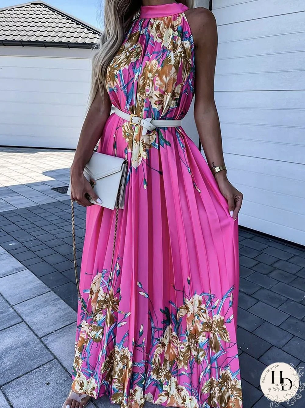 Female Trend Printed Pattern Boho Dress Fashion Sleeveless Hem Party Dress Sexy Halter Neck Off Shoulder Long Pleated Dress