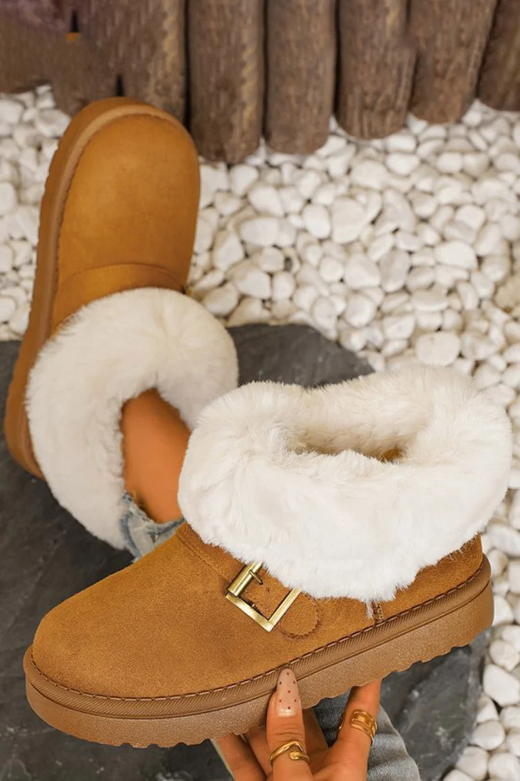 Fur Trimmed Plush Lined Strap Buckle Decor Round Toe Ankle Boots 2024 - Xpluswear