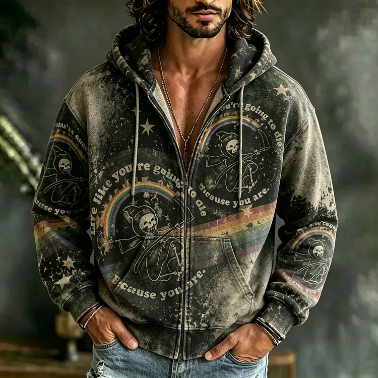 Men's Retro Washed Distressed Hippie Death Rainbow Pattern Casual Hooded Sweatshirt