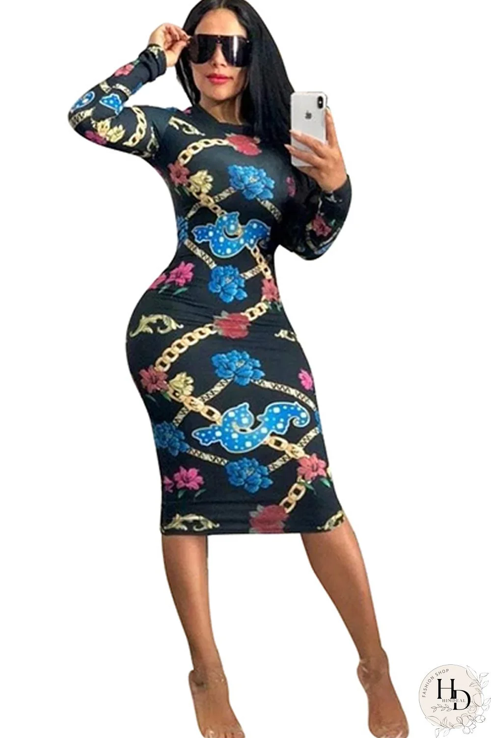 Blue Milk. Europe and America Cap Sleeve Long Sleeves O neck Pencil Dress Mid-Calf Patchwork Print Club