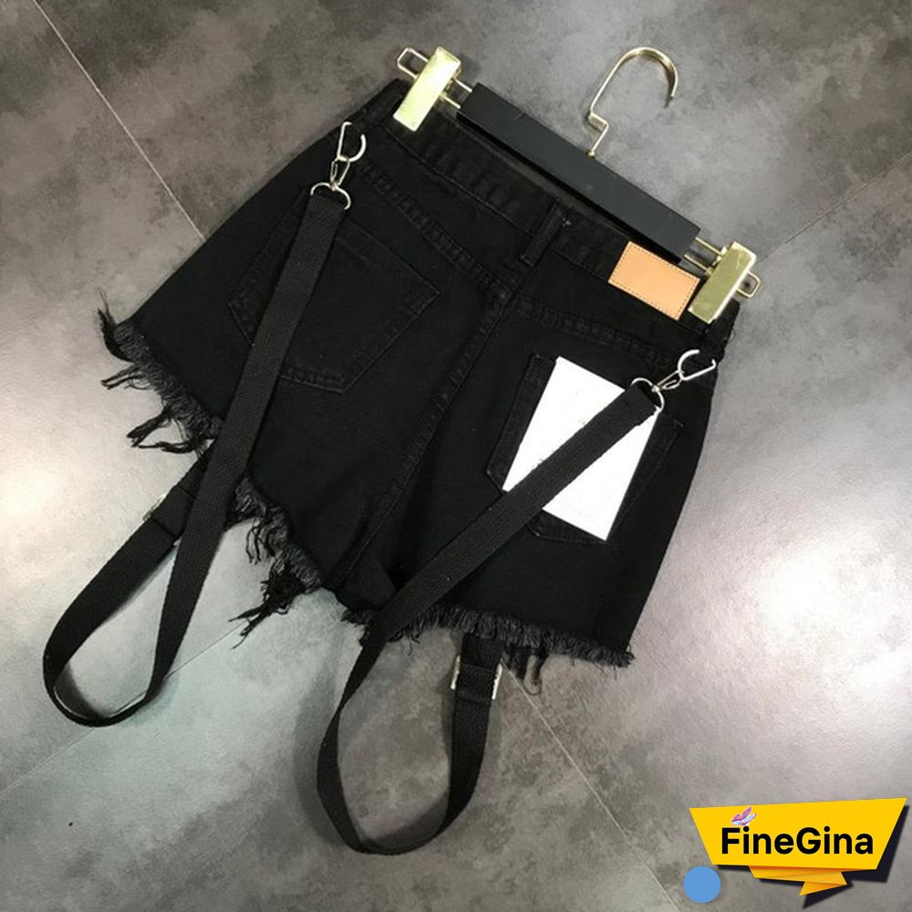 Women Denim Hot Pants Shorts Mini Jeans Rivet Removable Strap Tassels Gothic Punk Sexy