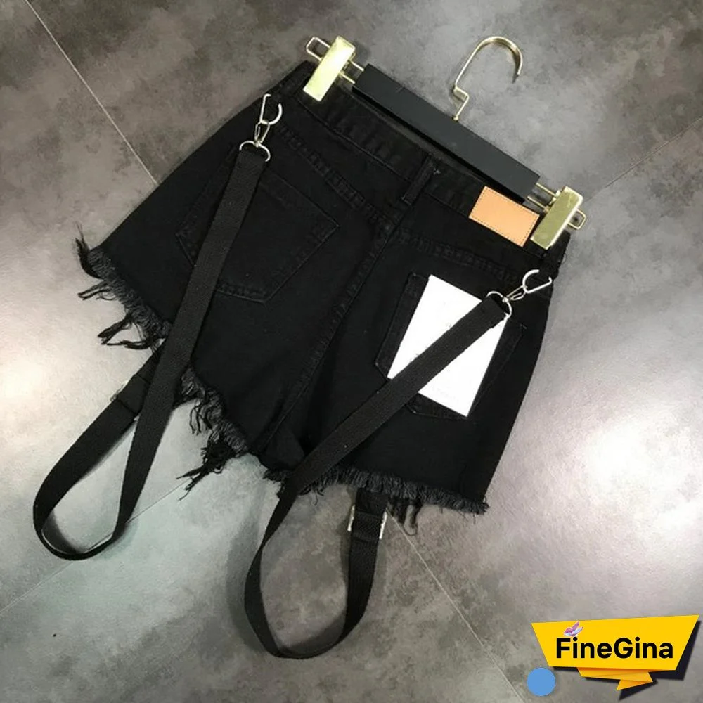 Women Denim Hot Pants Shorts Mini Jeans Rivet Removable Strap Tassels Gothic Punk Sexy