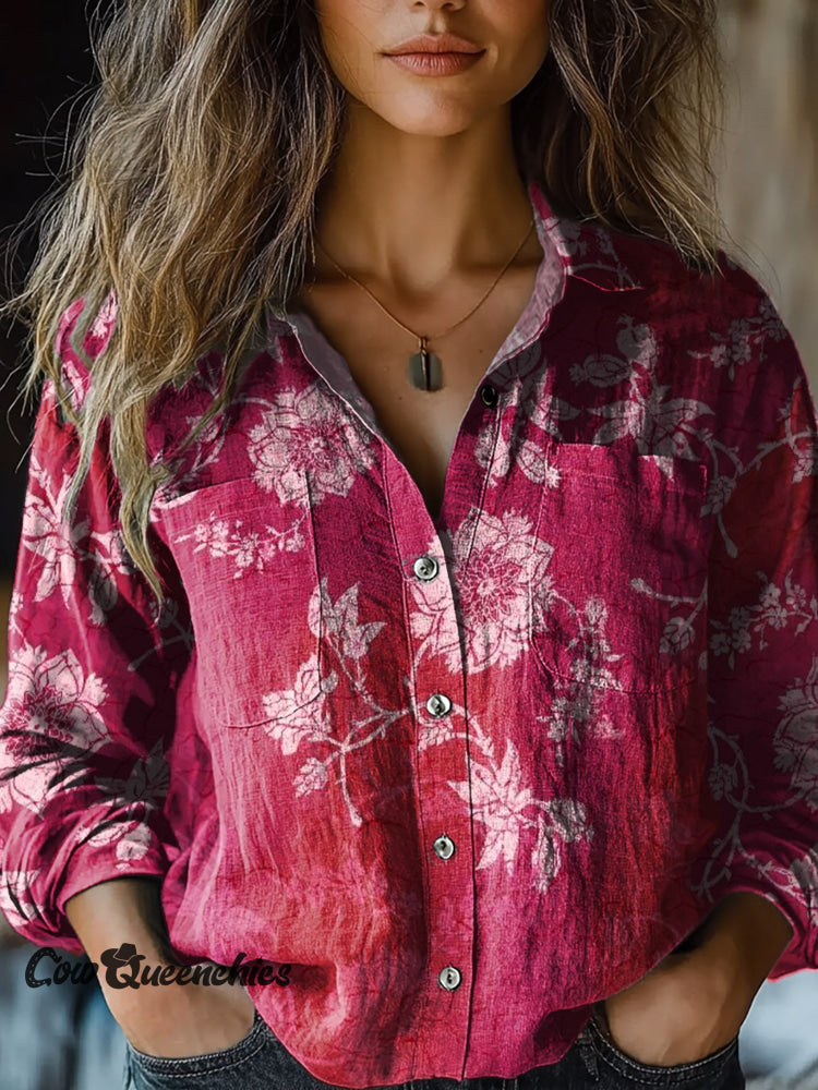 Women&rsquo;s Retro Pink Flowers Print Casual Long Sleeve Comfortable Cotton Shirt Multicolor / S