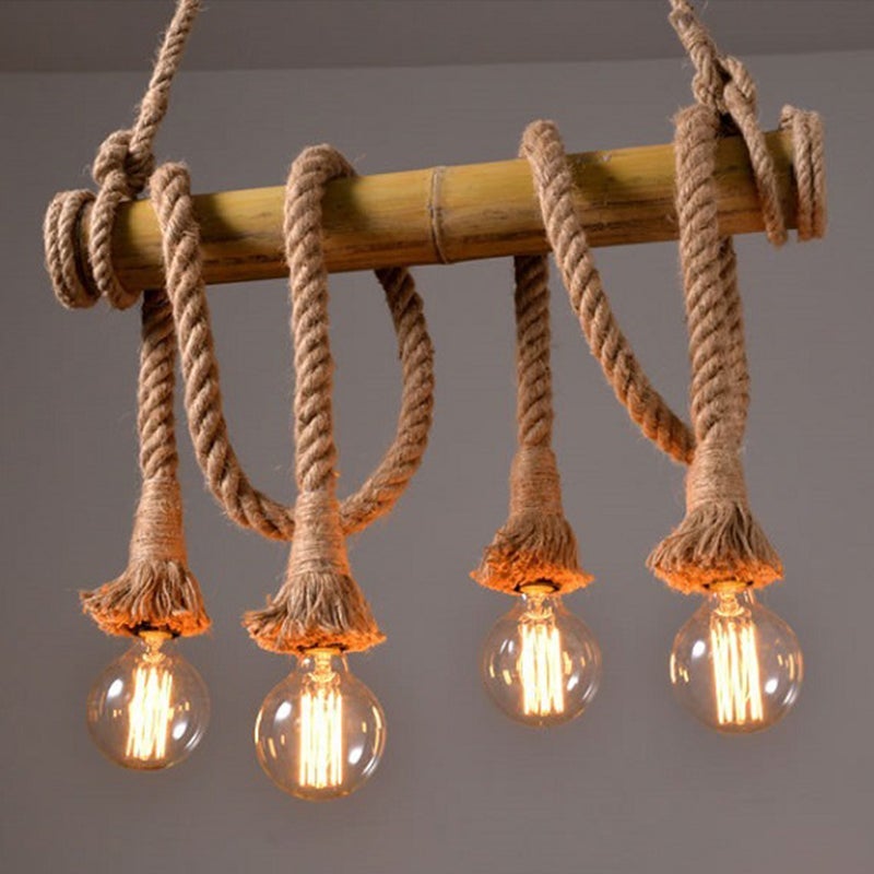 Industrial Vintage Island Pendant Light with Rope Wood Decoration
