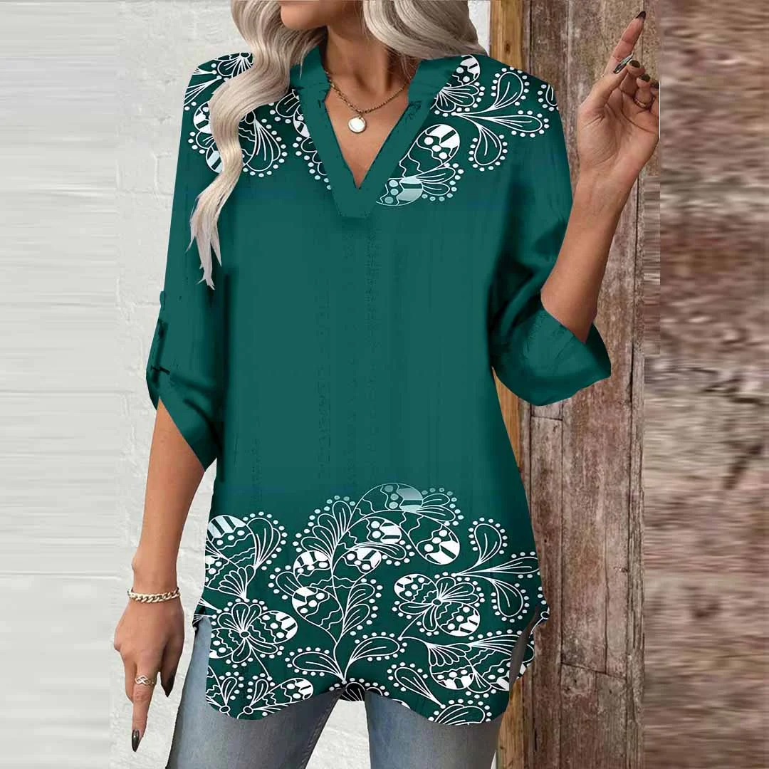 Women Floral, Green DZGA0453 3/4 Sleeve V-neck Printed Graphic Button Tops